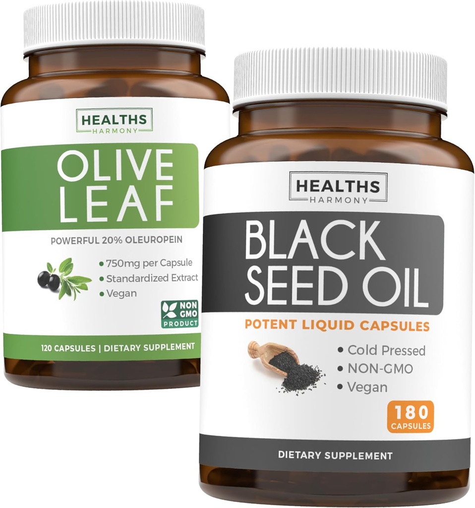 Olio di semi di uliveto Leaf & Black Seed (3-Month) Foglia & Seed Bundle di Estratto di foglie di uliveto (120 capsule) Super resistenza e olio di semi neri (180 capsule) Pressato a freddo Nigella Sativa Cumin Seed