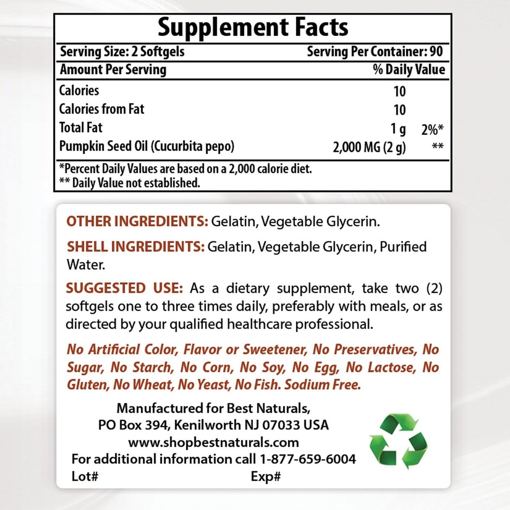 Best Naturals Pumpkin Seed Oil 1000 mg & Vitamina B1 come Thiamine Mononitrate 100 mg