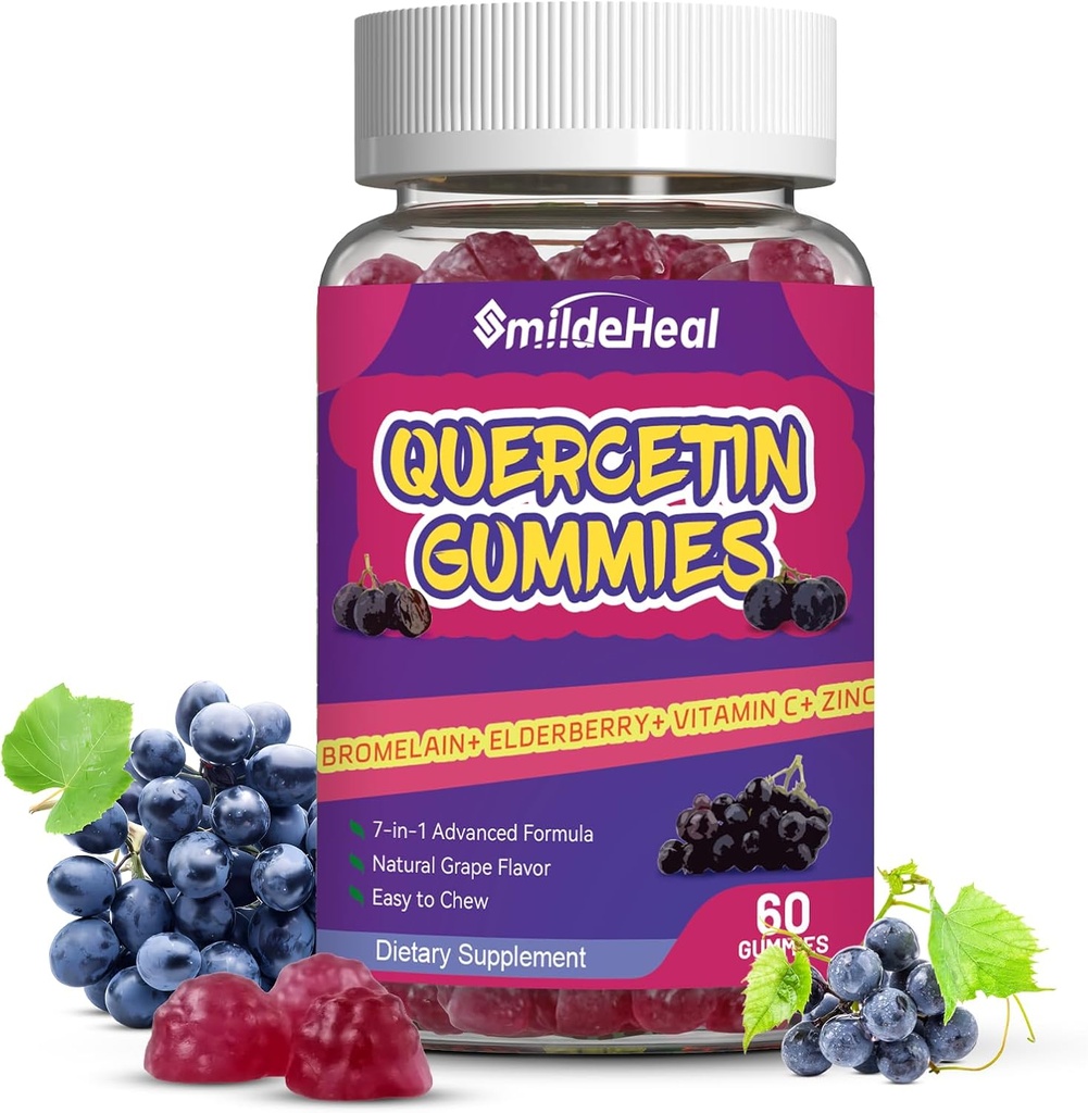 Quercetin Gummies 1200MG, Quercetin Gummies con Bromelain, Zinc Vitamin C, Quercetin Supplement Gummies for Adult & Kid, 60 Vegan Gummies