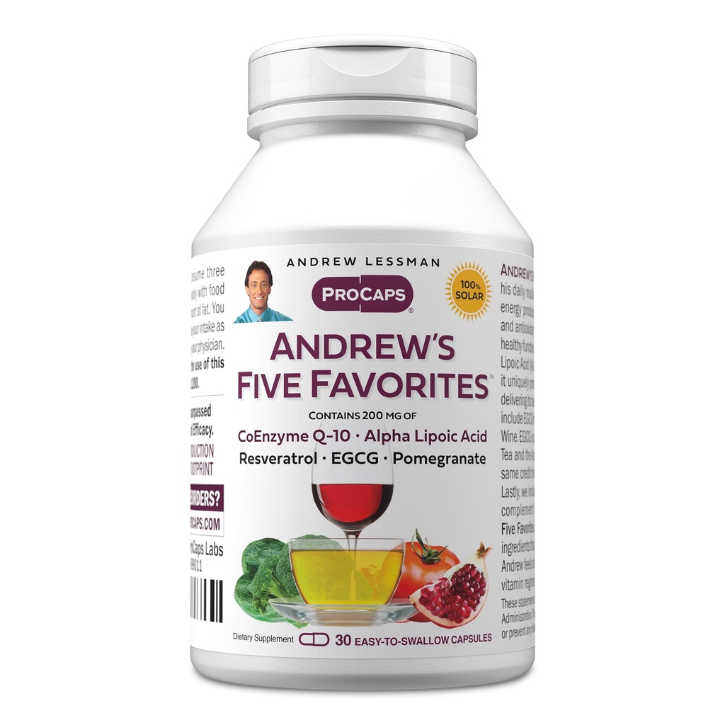 ANDREW LESSMAN Cinque Preferiti di Andrew 30 capsule - Fornisce 200 mg Ciascuna di Coenzyme Q-10, Resveratrolo, EGCG, Pomegranate e acido lipoico alfa, Potente supporto antiossidante, Nessun Additivo