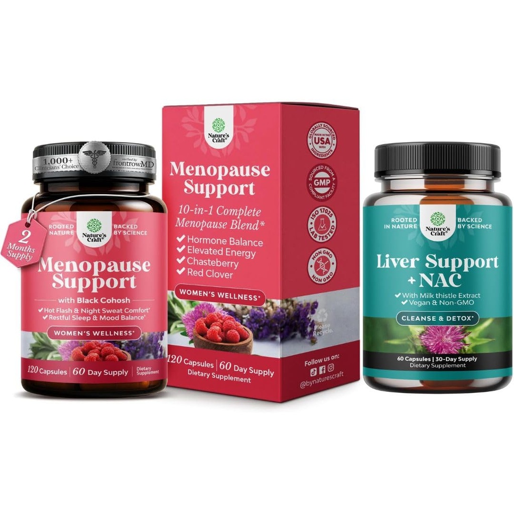 Bundle of Total Menopause Supplement con Dong Quai Vitex Chaste Berry & Black Cohosh per il supporto naturale dell'ormone e il supporto del fegato NAC supplemento con il cardo del latte per la pulizia del fegato Detox & Riparazione
