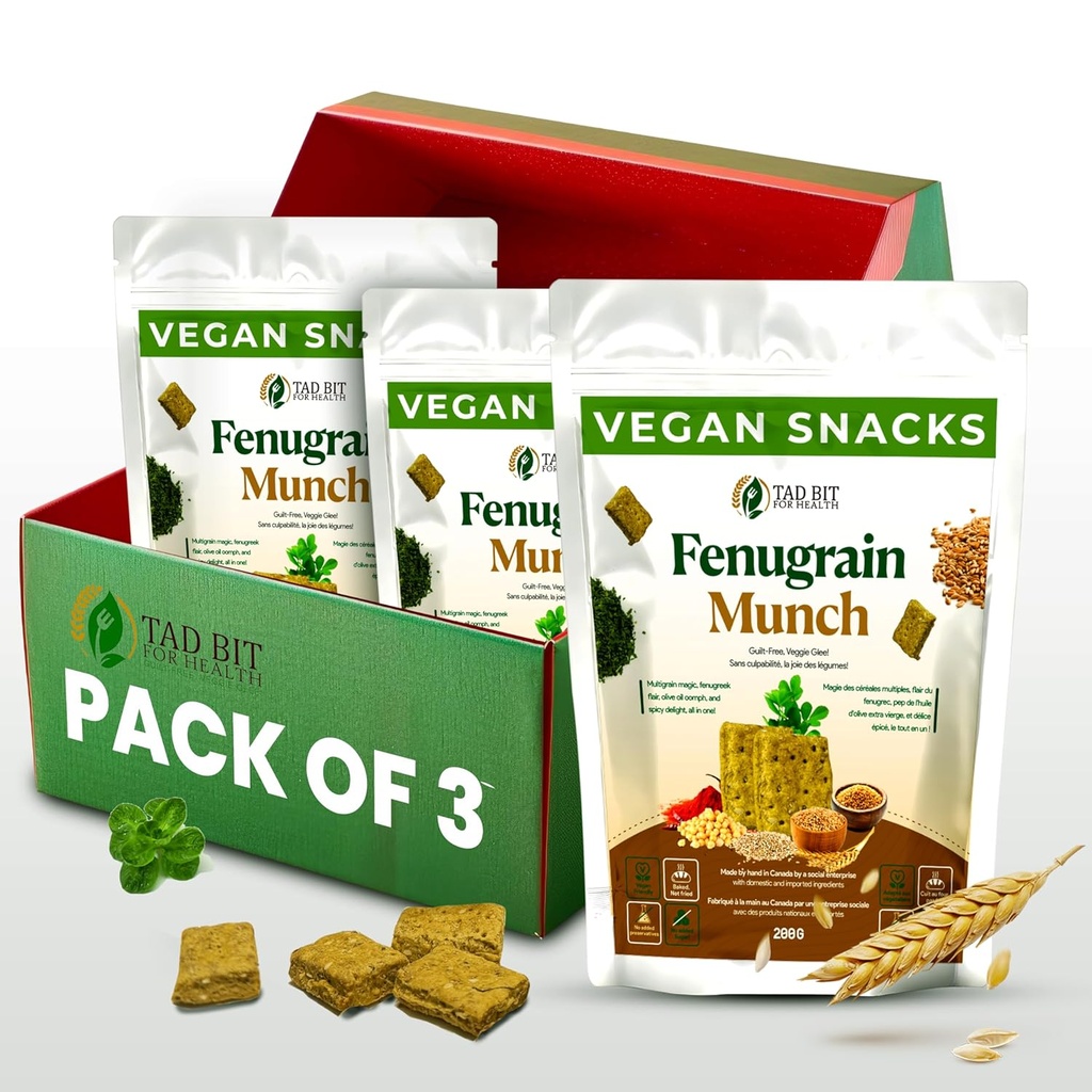 Tad Bit Fenugrain Munch | Premium Indian Handmade Salty Vegan Snacks Crackers | Plant Based Vegan Healthy Snacks per adulti e bambini | Dairy Free, Sugar Free Snacks | Low Calorie Whole Wheat Digestive Biscuits (3 Pack, 600, Gram)