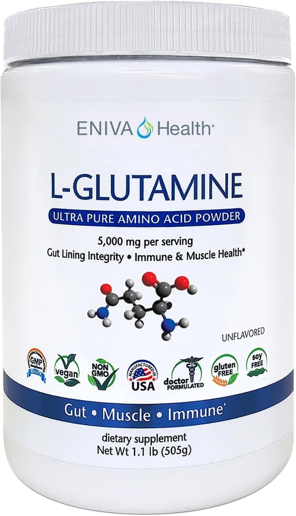 Eniva Health L-Glutamine Pure Powder, Unflavored (101 Serve) | Vegan, Gluten-Free, Sugar-Free, Non-OGM | Doctor-Formulated, USA Made | Gut Health, Leaky Gut, Bloating, Muscle Health, Immune System