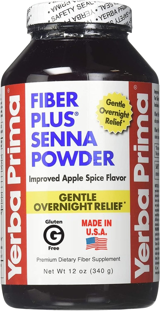 Yerba Prima Fiber Plus polvere di senna, 12 oncia - per uso a breve termine per ripristinare la regolarità, il gusto di spezie di mela migliorata, la stevia addolcita, fornisce sollievo per tutta la notte
