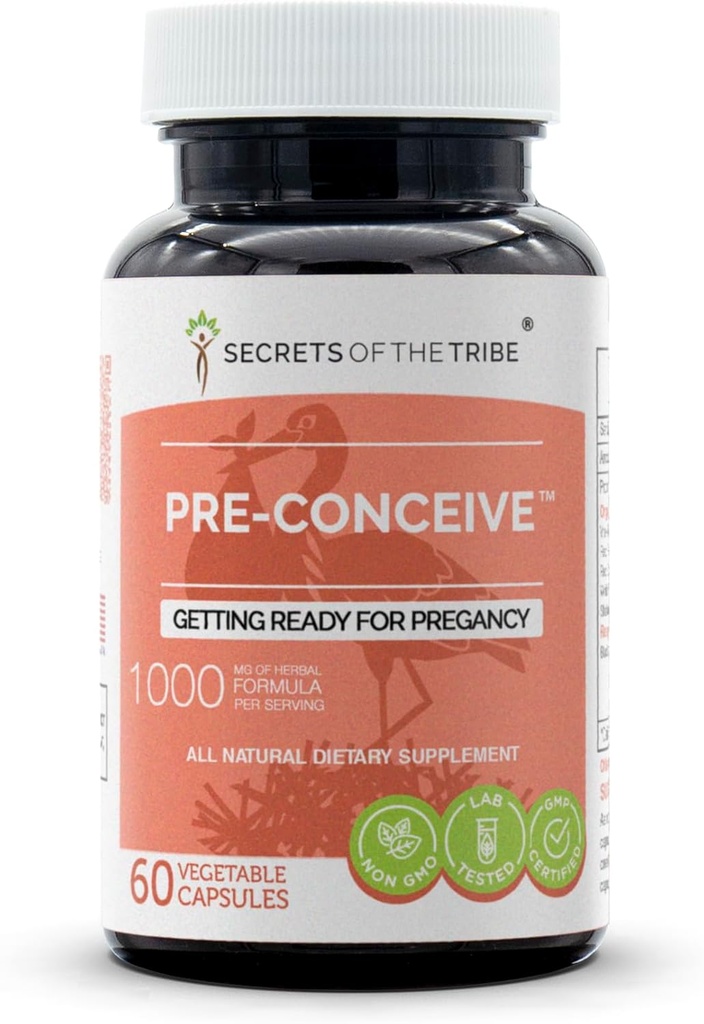 Segreti della Tribe Pre-Conceive, 60 capsule, 1000 mg, Vitex, Red Raspberry, Nero Cohosh, Rosso Clover, Bianco Peony, Shatavari. Prepararsi per Pregancy 60 capsule