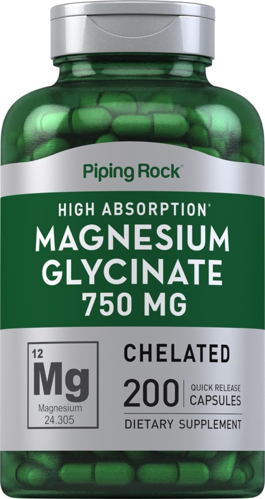 Piping Rock Magnesium Glycinate Capsule | 750mg | 200 Pills | Chelated Supplement | High Absorption | Non OGM e Gluten Free