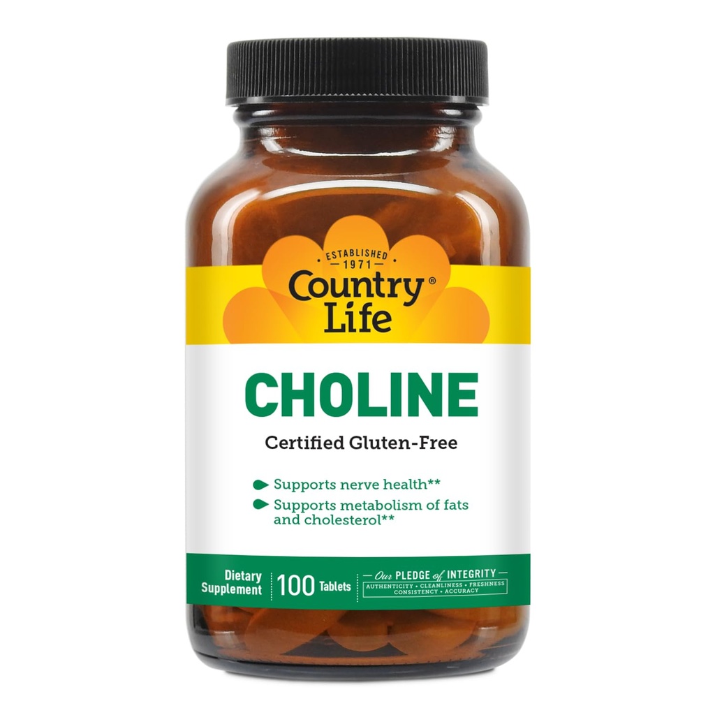 Country Life Choline 266mg, Certified Gluten Free, Certified Vegan, Certified Halal - 100 Tavole