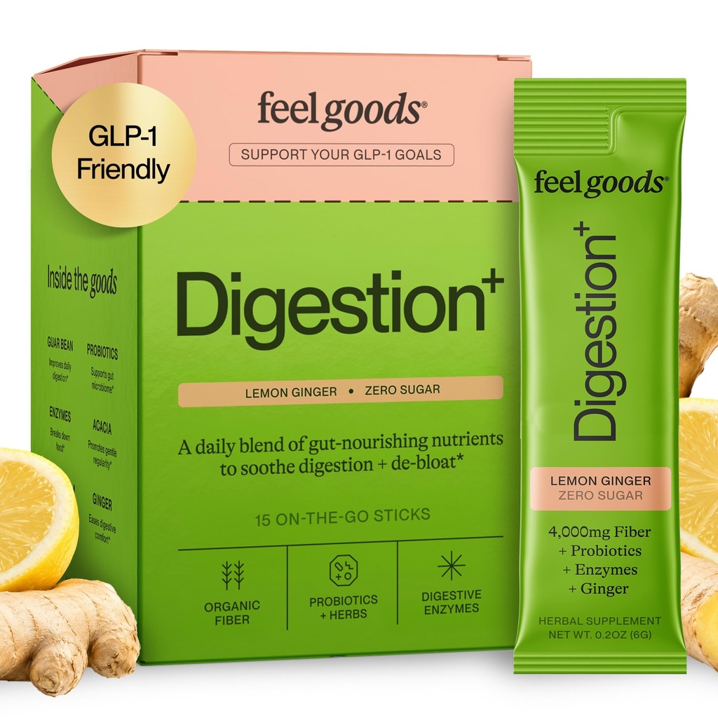 Feel Goods Gut Guardian, Fibra Organica, Polvere Probiotica e Prebiotica, Senza Zucchero, Erbe per Bloat, Gut Health Support, Salute Digestiva per Uomini & Donne, Non OGM, Vegan, Ginger di limone, 15 Conte