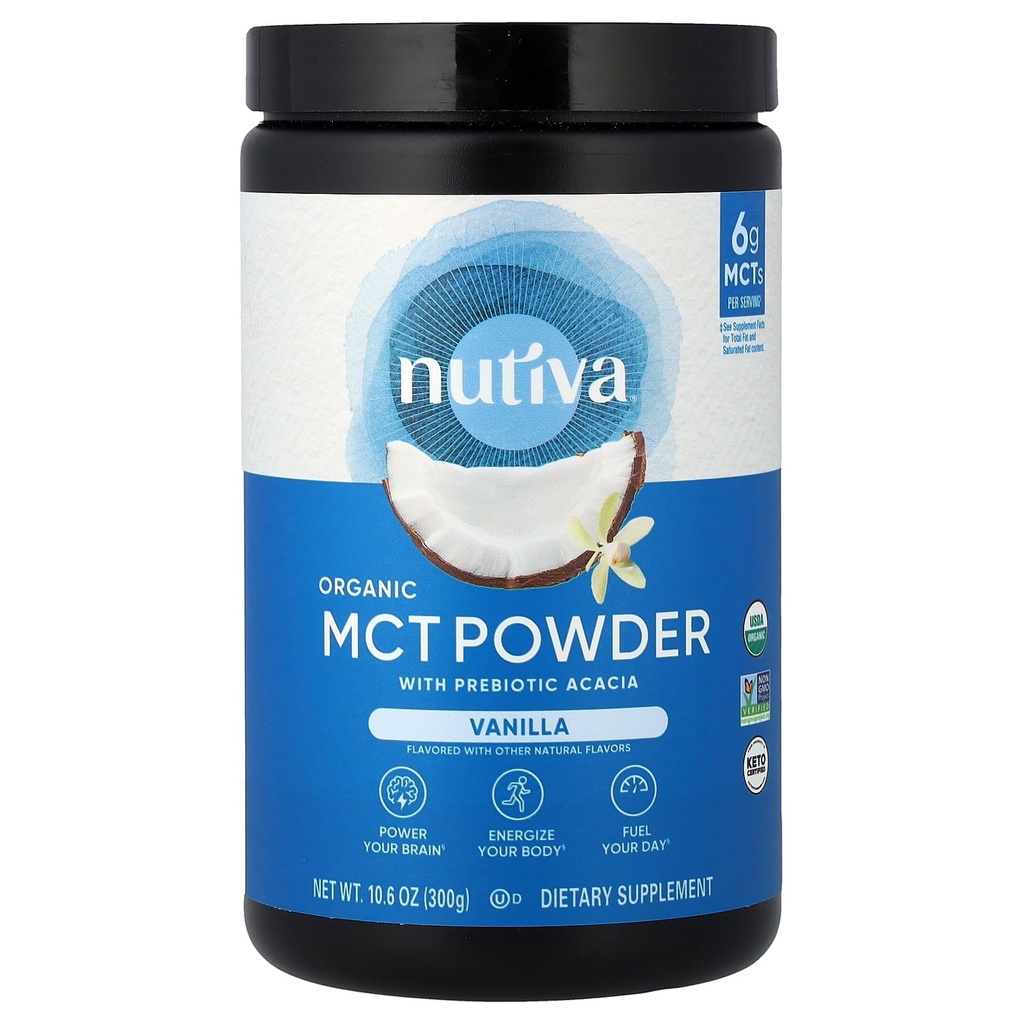 Nutiva Organic MCT Polvere con fibra di acacia prebiotica, vaniglia, 10.6 Oz, USDA Organico, Non OGM, Non-BPA, Vegan, senza glutine, Keto & Paleo, bevanda istantanea o Boost a caffè & Smoothies