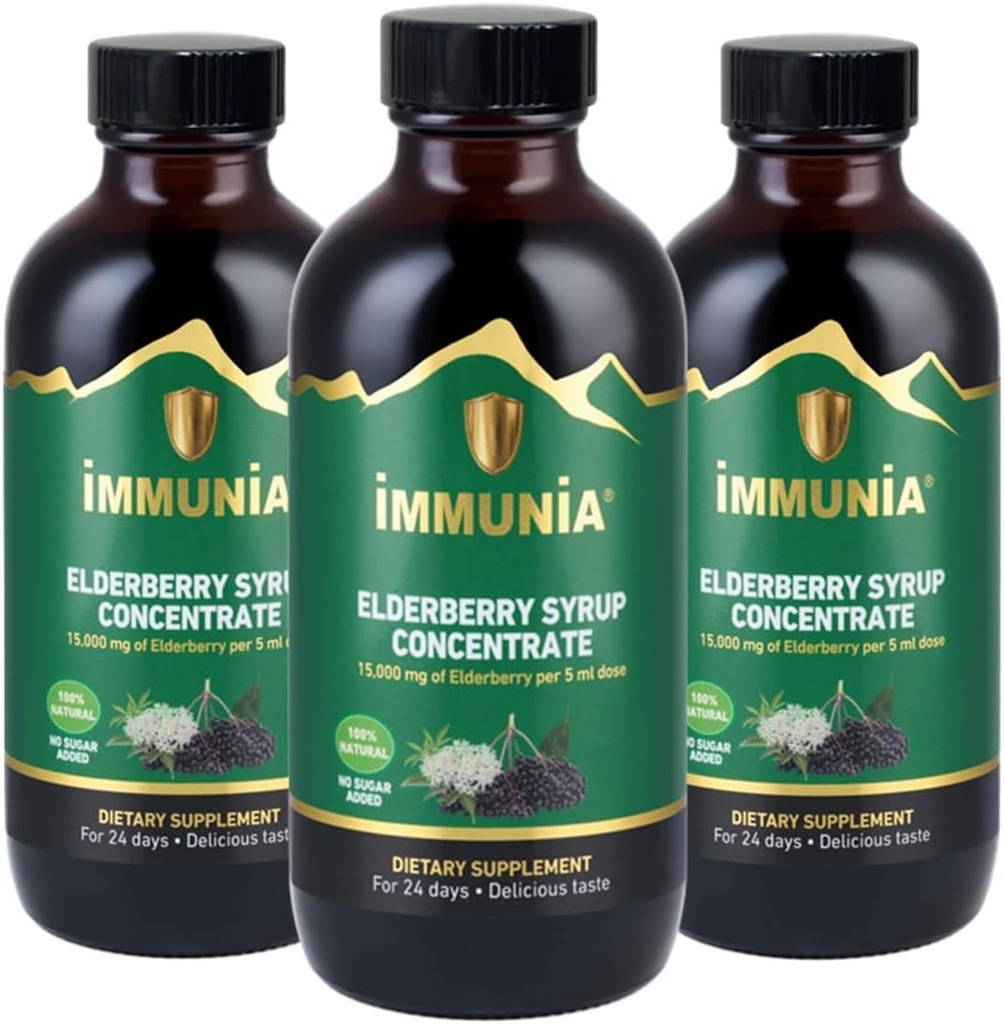 Immunia Elderberry Syrup aiuta a rafforzare il sistema immunitario. Concentrato di sambuco con Elderflower, Thyme e menta piperita. Niente zucchero aggiunto. Gusto delizioso. 24 giorni/bottiglia. (3-Pack)