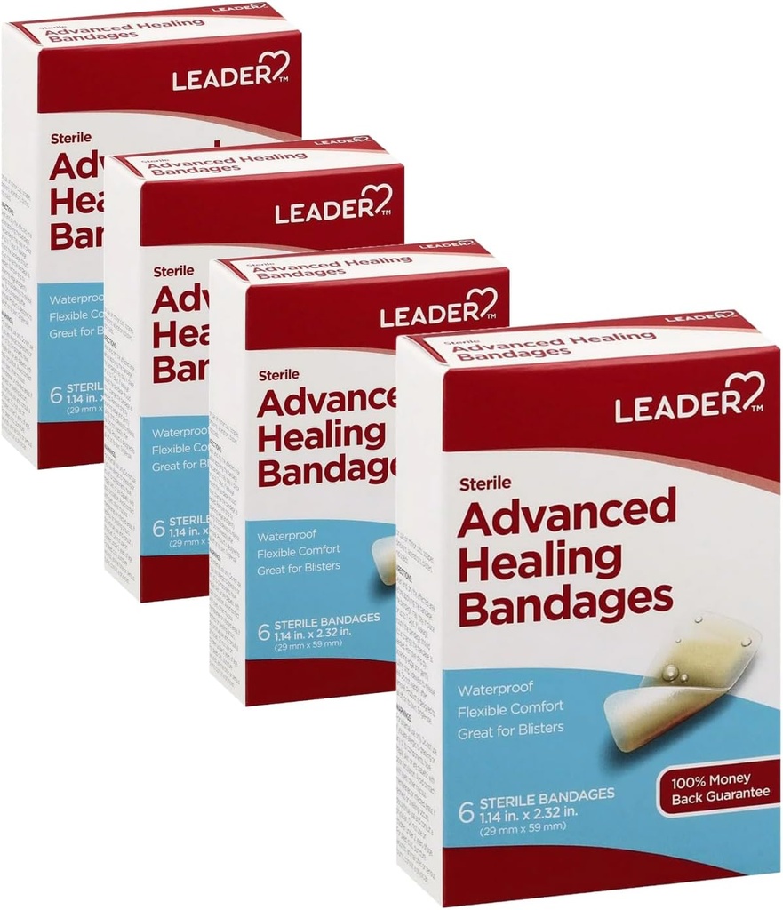 Leader Adesive Bandages Advanced Healing, Grande One Size, 6 Conte - Impermeabile e flessibile - 4 Pack