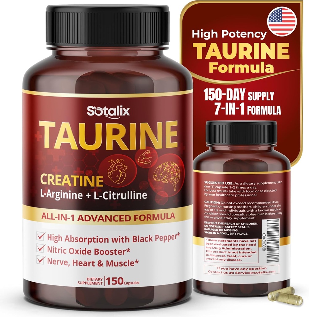Taurina con Creatina, L-Arginina, L-Citrullina ad alto assorbimento con pepe nero Nitric Oxide Booster, Muscolo USA Made & Tested (150 Count (Pack of 1))