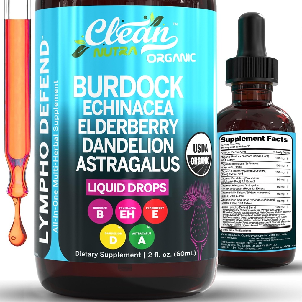 Supplemento di drenaggio linfatico organico | Gocce di sostegno linfatico | Burdock Root Echinacea Elderberry Dandelion Astragalus Milk Thistle Sea Moss Red Clover Cleanse Marigold Drop by Clean Nutra