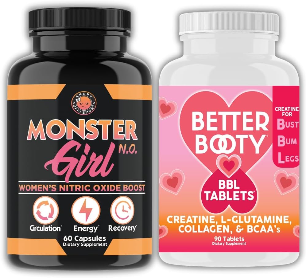 Angry Supplements Women's Workout Bundle: Monster Girl N.O Nitric Oxide Booster 60ct + Creatine Complex Tablets 90ct 2 bottiglie Totale