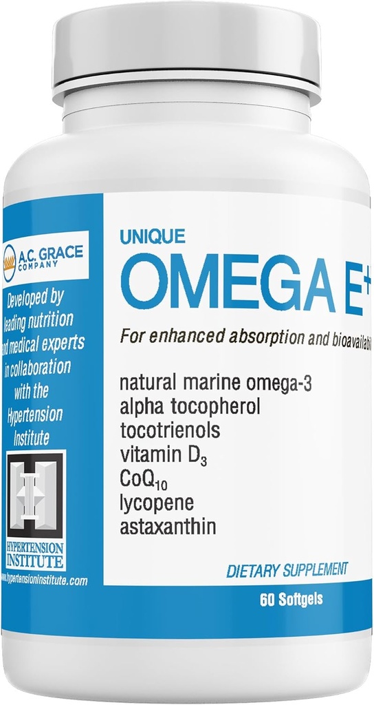 UNIQUE E A.C. Grace Company Omega E+ - Fish Oil Supplement - con gli acidi grassi Marine Omega-3, la vitamina E, la vitamina D3, e CoQ10 - aiuta a sostenere il cuore, il cervello e la salute della pelle - 60 Softgels