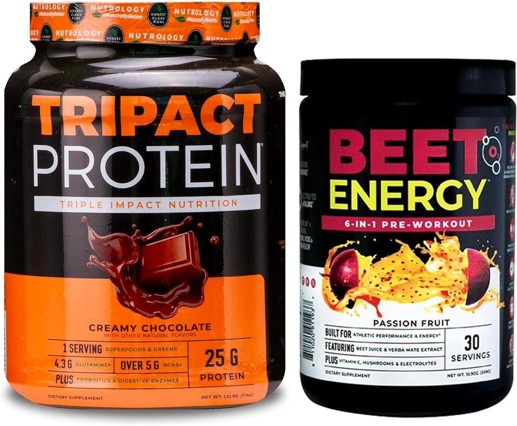 Nutrologia Beet Natural O2, Pre Workout Powder, Frutta Passione Flavor (30 Serve) TRIPACT Protein Powder, 7-in-1 Meal Sostituzione Shake, Cremoso Cioccolato Flavor (20 Serve)