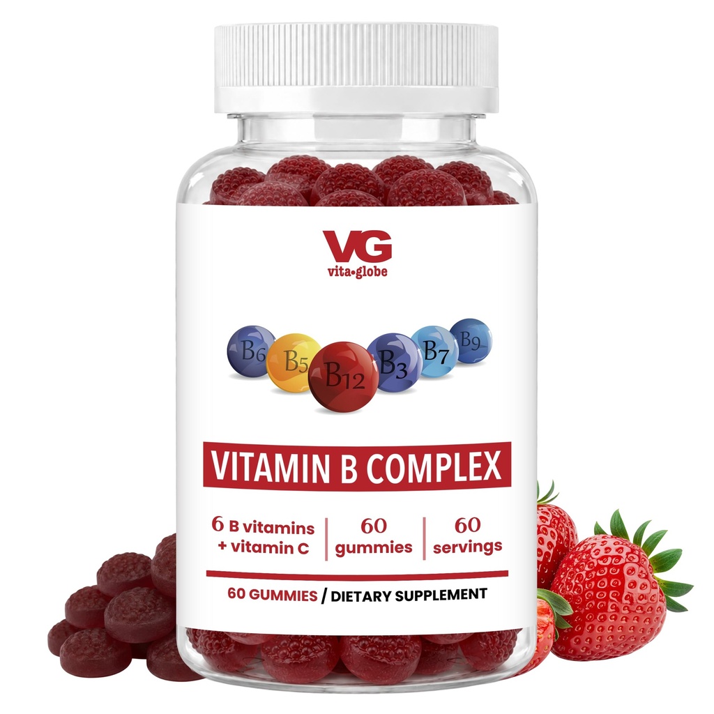 VITA GLOBE B Complex Gummy Vitamine – Fragola Flavor con Vitamina C, Niacin, B6, B12 & Biotin | Supplemento giornaliero per energia, Metabolismo e supporto cognitivo | 60 Gummies (Pack of 1)