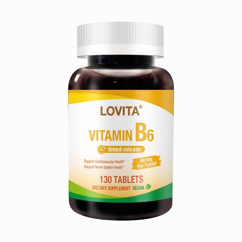 Lovita Vitamina B6 (Pyridoxine Hydrochloride) 80mg, Timed Release, 8 ore Sostenute, Support Cardiovascular & Nerve Health, 130 Vegan Tablet