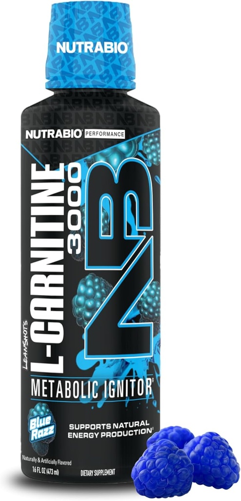 NutraBio – L-Carnitina Liquid Shots – 3000mg, (Blue Razz) – 10mg di vitamina B-5 – Zero Carbs & Sugars – Energy Production – Recupero muscolare