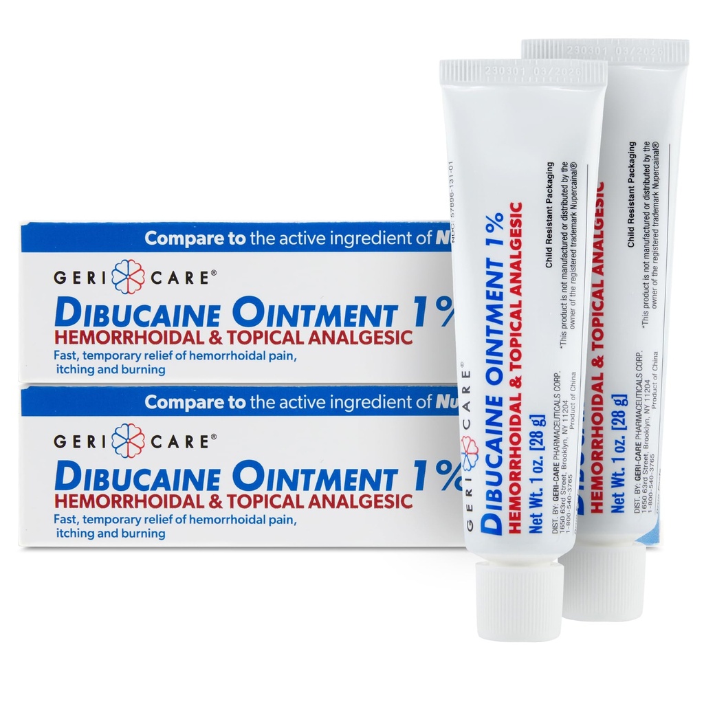GeriCare Dibucaine Hemorroid Ointment 1% Pain-Relief Hemorrhoid Cream |Hemorroidal & Topical Analgesic| Quick Relief from Burning & Itching | Trattamento emorroidi esterni ad azione rapida 1oz (2 Pack)