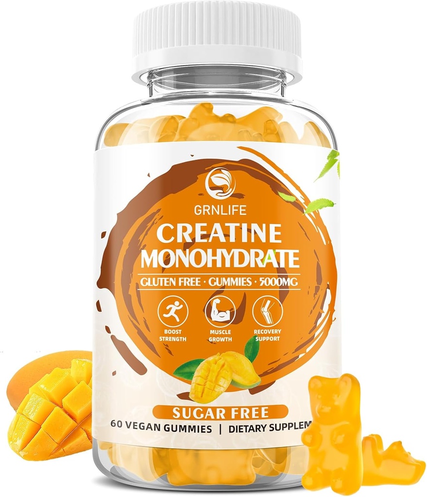 Creatina Monoidrato Gummies per uomini e donne, Masticabili Creatina Monoidrato per la forza muscolare, Muscle Builder, Energy Boost, Sugar Free, Vegan, Mango Flavor-60 Count