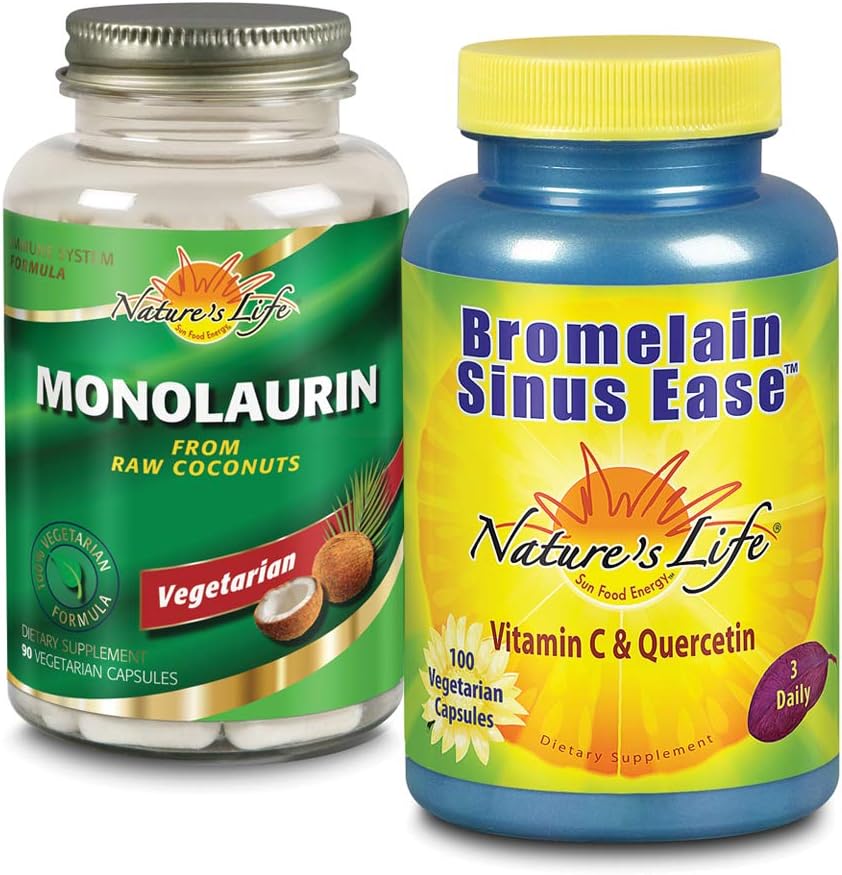 La vita della natura Monolaurin & Bromelain Sinus Ease Bundle | Funzione immunitaria sana & supporto respiratorio | 90ct, 100ct