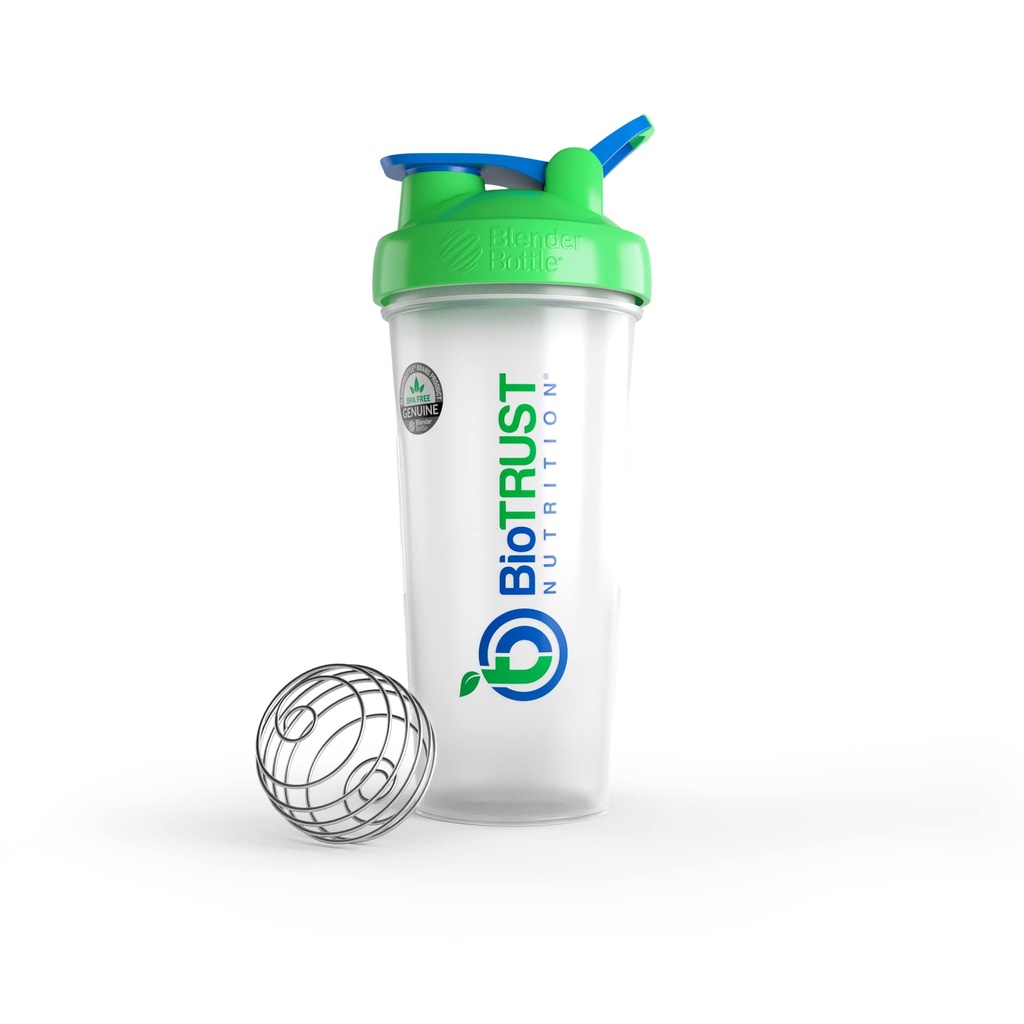BioTRUST BlenderBottle Classic Shaker Bottiglia, 28 once con loop, Clear/Green