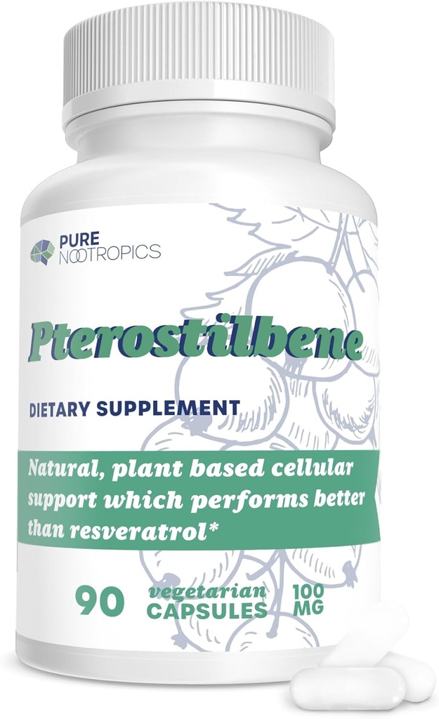 Pure Nootropics - Pterostilbene 100 mg capsule (90) | Supporto basato sulle piante per la salute cellulare | in House & Rigorous 3rd Party Testing per una maggiore purezza e potenza