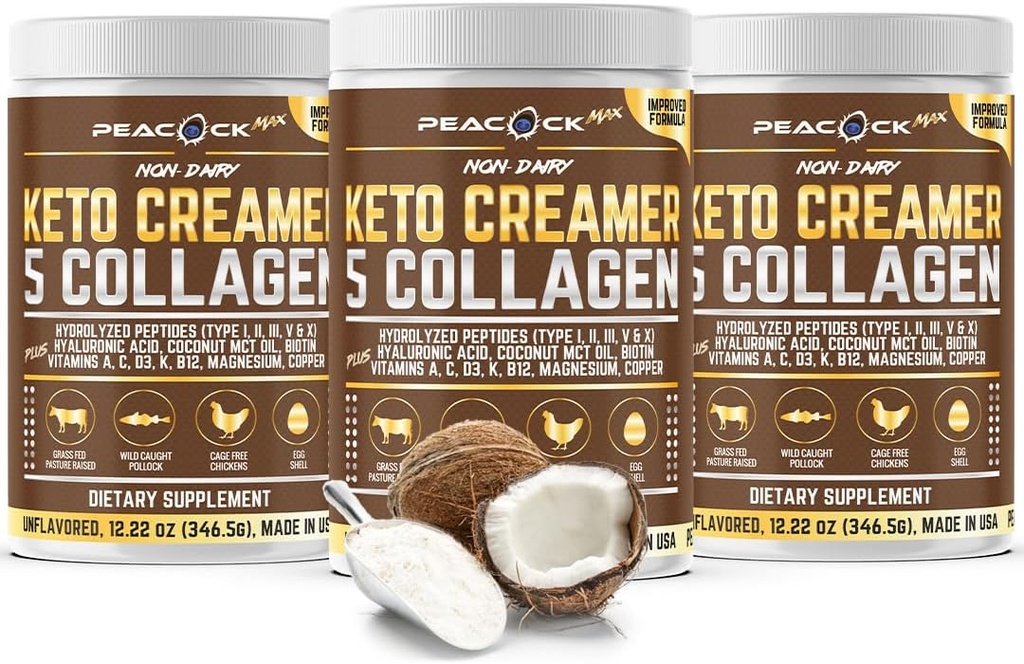 Collagen Keto Coffee Creamer Polvere 12.22 oz, Confezione da 3, Peptidi di collagene idrolizzati con Coconut MCT Olio, Magnesio, Polvere di proteine non aromatizzata, Crema di caffè senza zucchero per Smoothies