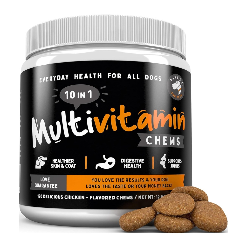 Più fine per gli animali domestici Multivitamin Dog Supplement – 10 in 1 con Omega Fish Oil & Glucosamine per migliorare il Joint & Skin Support, Gut, Digestion & Immune Everyday Health (120 Chewable Treats)