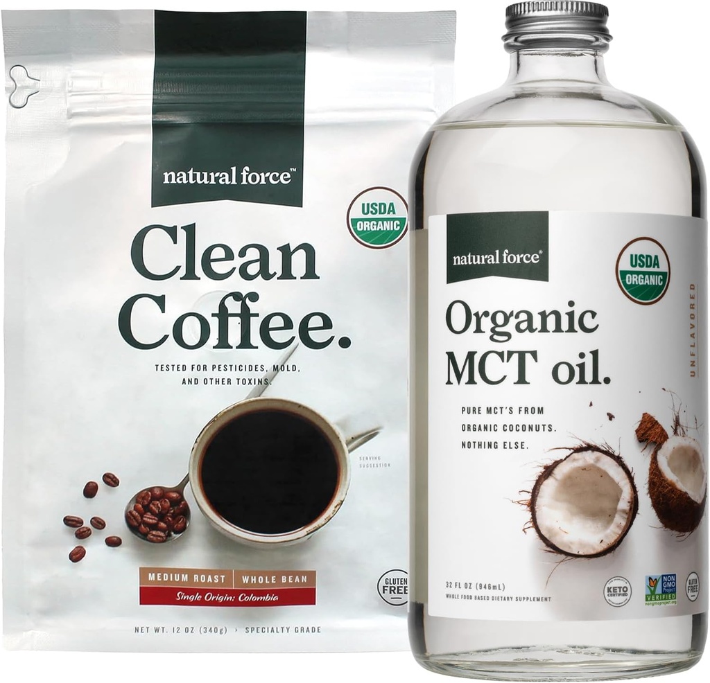 Natural Force Organic Clean Coffee + Organic MCT olio Bundle – 100% Pure Coconut MCTs & Mold & Mycotoxin Free Coffee – Non-GMO, Keto, Paleo e Vegan - 12 Oz Bag e Bottiglia di vetro da 32 Oz