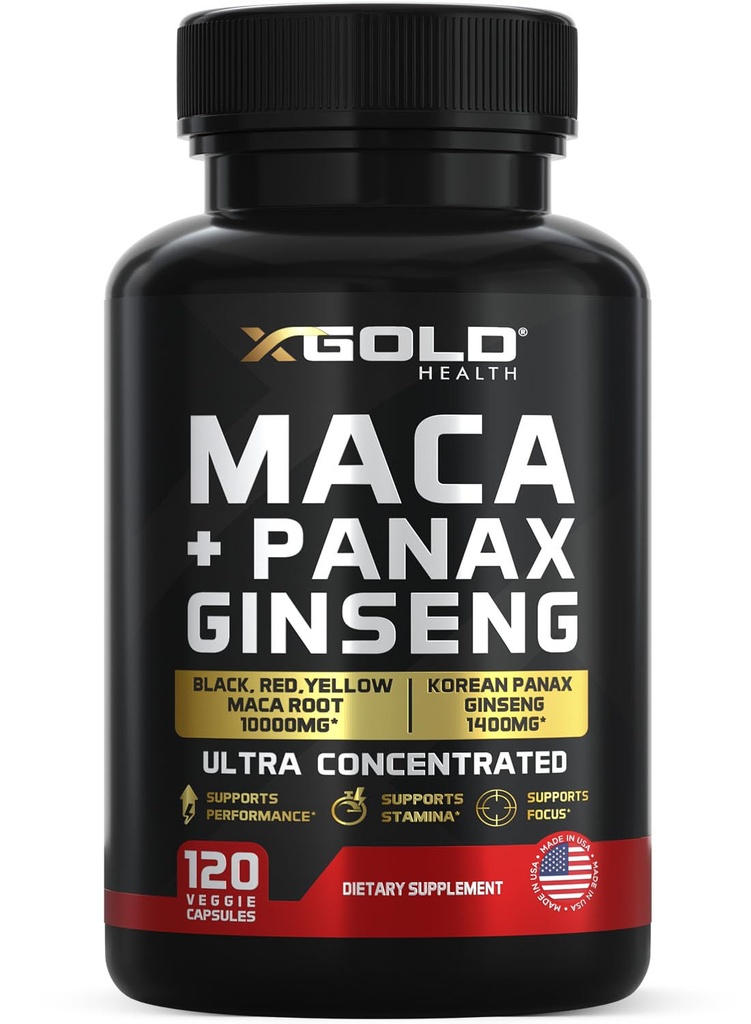 Maca Root Capsule 10.000mg + Coreano Panax Ginseng 1,400mg - 20x estratto concentrato Nero + Rosso + Giallo Maca Root, 10x estratto concentrato Panax Ginseng Capsule - Ultra Potent & Altamente Purified