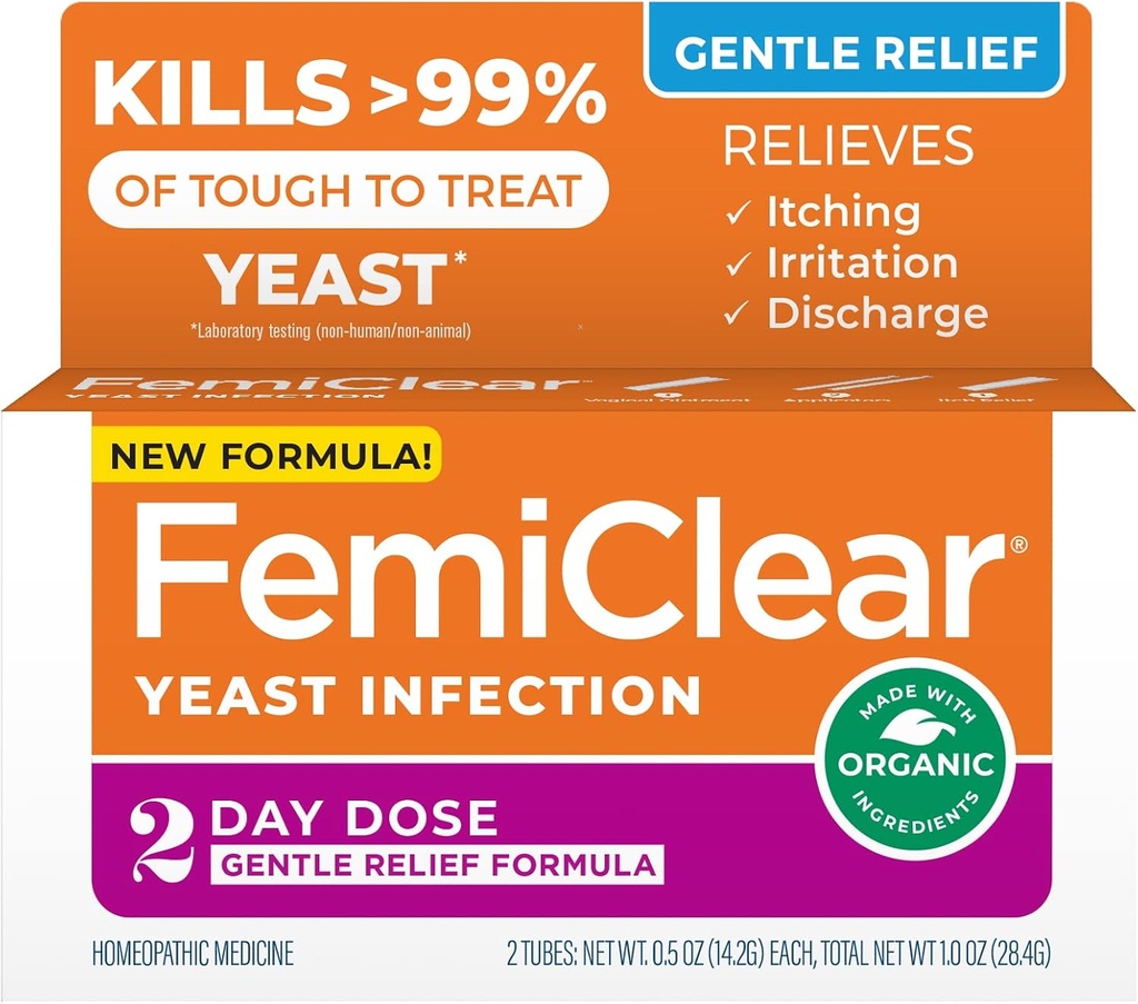 FemiClear Gentle Relief Formula 2 Giorno Trattamento Infezione, Formula Gentle per Più Sensibile Individuali, Ingredienti All-Natural Unguento + Unguento esterno Itch Relief, Prodotti di Cura Femminile