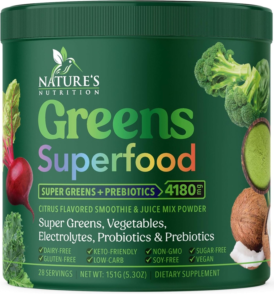 Greens Powder Superfood - Premium Organic Super Greens Juice Powder - Confezionato con probiotici, erba di grano, enzimi, Spirulina, clorella per la salute digestiva & Gut, Smoothie Drink Mix - 28 Servings