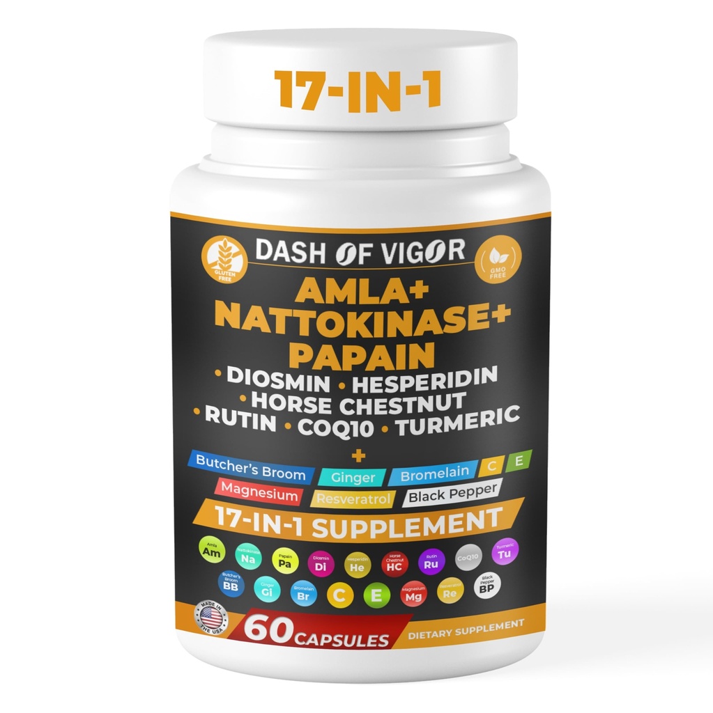 Frassino di Vigor Amla Estratto, Nattokinase, Papain, Diosmin, Hesperidin, Burchers Broom, Cavallo Chestnut, CoQ10, Turmerico, Vitamina C e Rutin - 60 capsule
