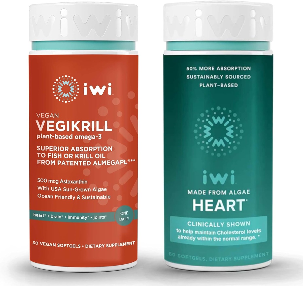 iwi Life Vegikrill & Heart Omega-3 Bundle, 30 Serve, Vegan Algae Omega 3, Krill & Fish Oil Alternative, No Fishy Aftertaste
