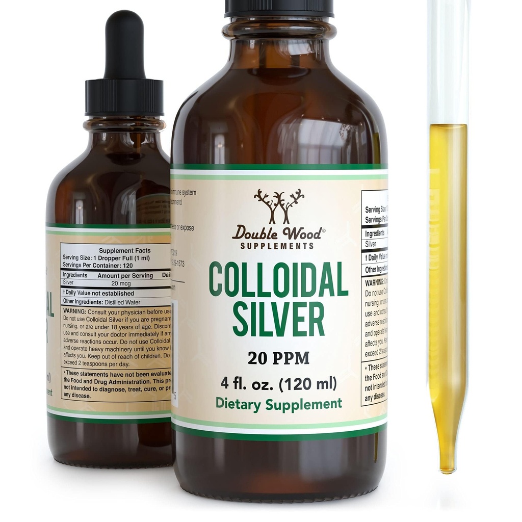 Liquido d'argento colloidale 20 PPM - 4 Fl OZ (Plata Coloidal con Dropper) 99,9% Pure, Gluten Free, Non-GMO by Double Wood Supplements