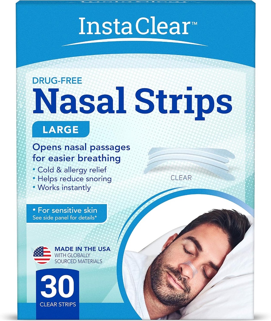 Strisce di respirazione nasale, Clear Large 30 ct | Funziona istantaneamente, Rilievo di congestione nasale, smette di russare, Cold & Allergy