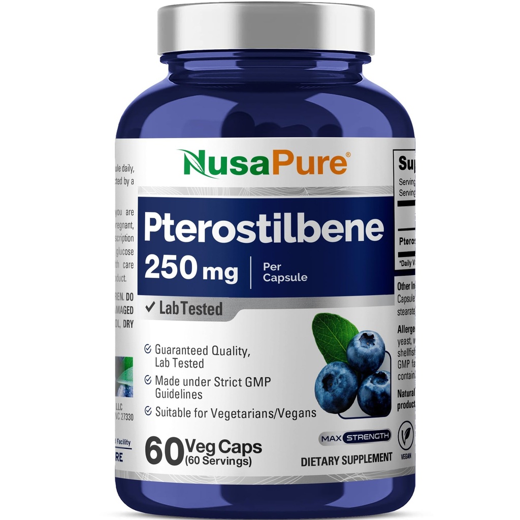 NusaPure Pterostilbene 250mg per Veggie Caps, 60 Count (non OGM, Vegan)