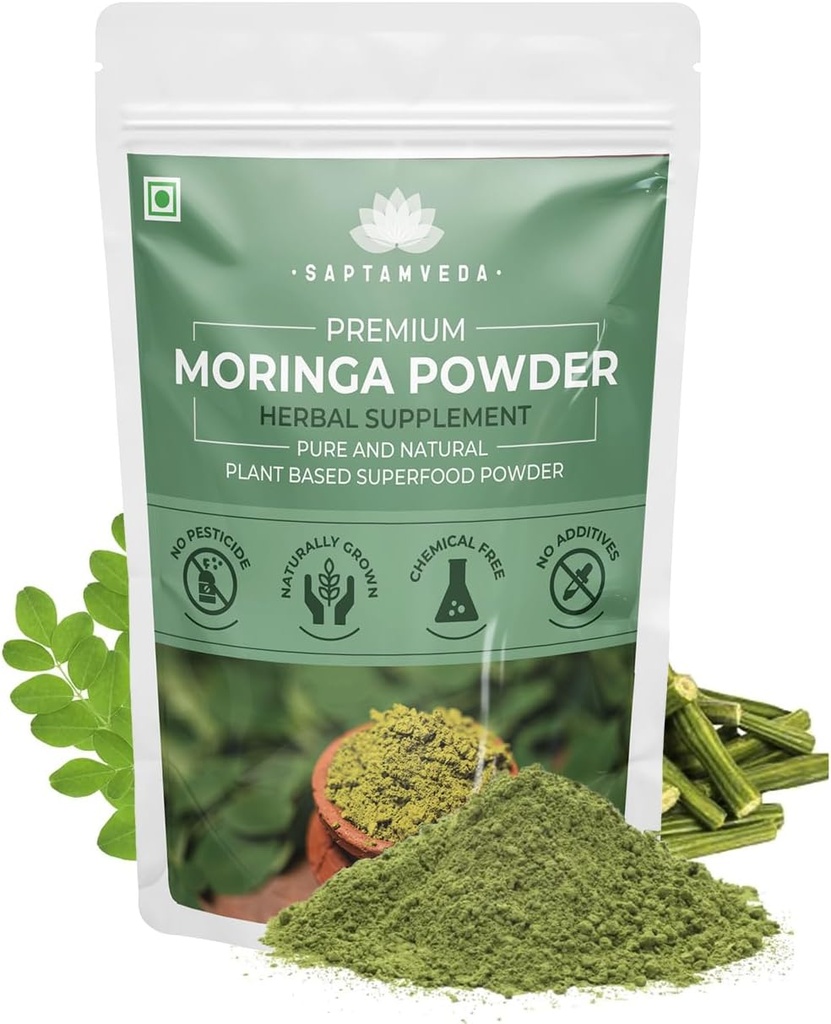 SAPTAMVEDA Premium Moringa Leaf Powder 8.81 Oz/250 Gm | Drumstick Leaf Powder | Natural Multi-Vitamin | Rich in Antiossidante, Immunity Booster | Good for Hair & Skin from India Farms