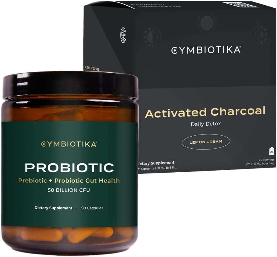 CYMBIOTIKA Probiotico 50 miliardi di CFU & Integratore Liquido Charcoal attivato, Supporta la digestione sana per gli uomini e le donne, Stomach Detox & Digestive Relief, Aiuta a Alleviare Gas & Bloating, Facile da usare