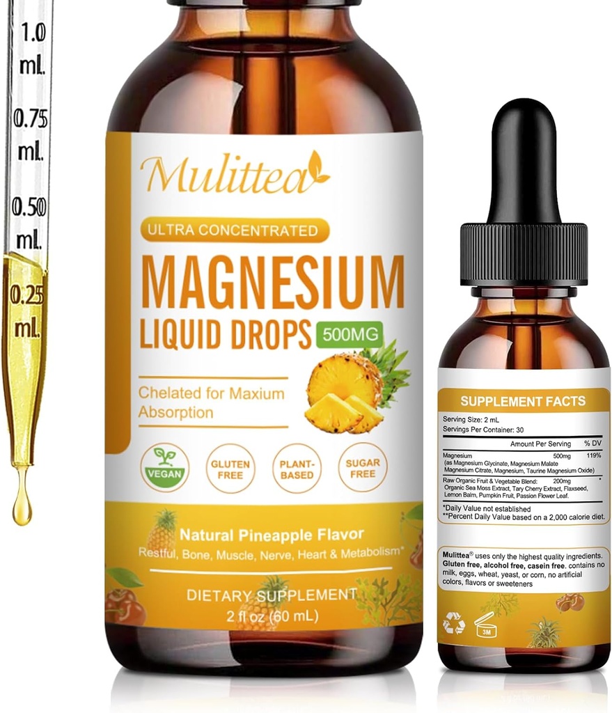 Magnesio Liquid Drops - Alto assorbimento 5-in-1 Magnesio Complesso Supplemento con Magnesio Glycinate, Malate, Citrato, Taurate - per Bone, Muscoli, Nervi & Energy - Vegan, Sugar Free, 2 Fl.oz