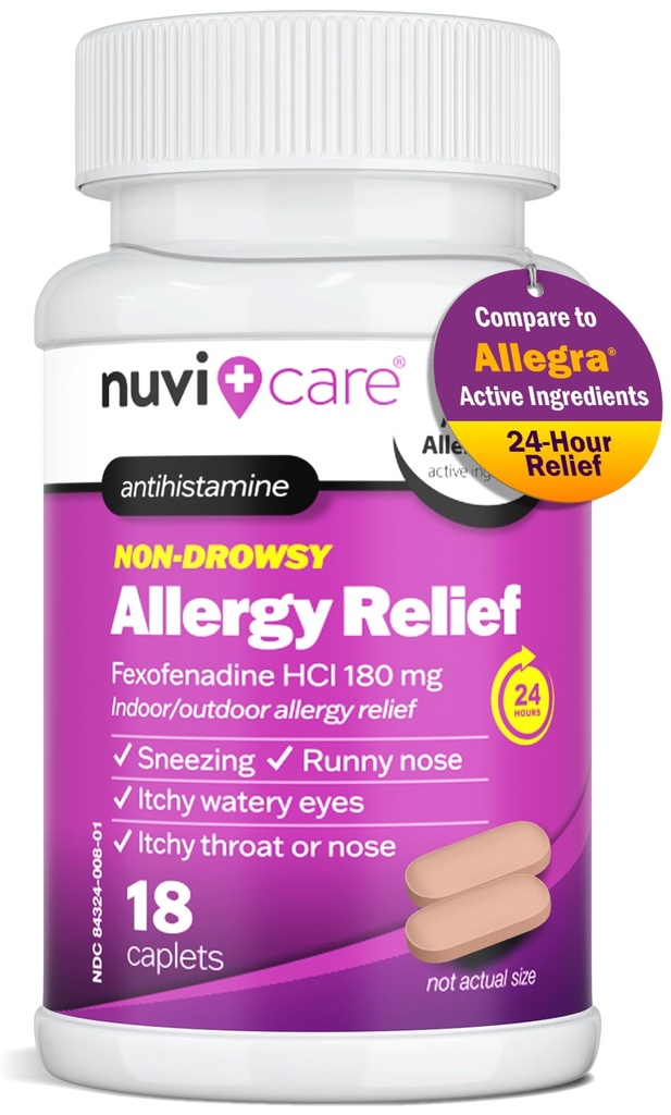 Fexofenadine 180mg 24 Hour - Fexofenadine Hydrochloride 180 mg Antihistamine per Allergy Relief, Hives, Runny Nose, Itching, Confronta Allegra 24 ore Non Drowsy Allergy Medicine (18 Conte)