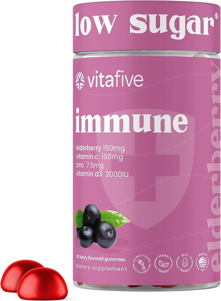 Vitafive Elderberry Gummies - Supporto Immune Basso Zucchero per Adulti - con Vitamina C e Citrato Zinco - Vegan, Allergeni Gratis (50 Ct)