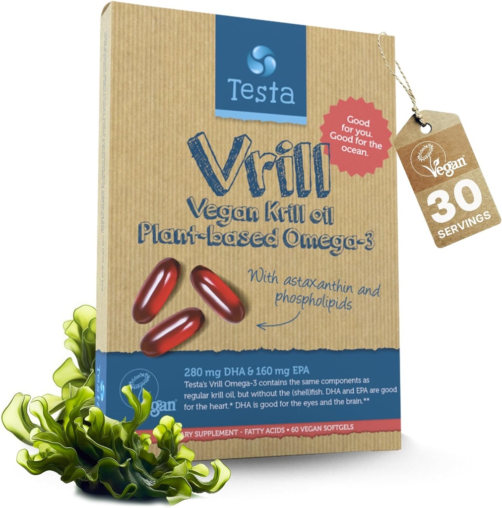 Testa Omega 3 Vegan Krill Supplement-1000mg Softgels, 2 volte più Omega-3, DHA, EPA, Astaxanthin, Phospholipids - cuore, cervello, occhio, supporto congiunto - non da pesce, Algae Fonte - 60 Softgels