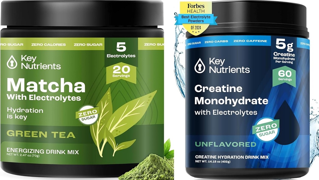 KEY NUTRIENTS Matcha Powder & Creatine Monohydrate Bundle – Unsweetened Matcha Green Tea (20 Serve) + Micronized Creatine Powder Supplement (60 Serve) – Aumentare l'energia, la messa a fuoco e le prestazioni