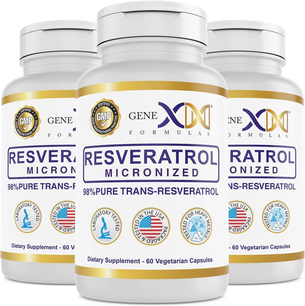 Genex Formulas 98% puro Trans-Resveratrolo con BioPerine® per l'assorbimento (3 Pack) Micronized, Lab-Tested, Resveratrolo completamente stabilizzato 600mg - 180X Trans-Resveratrolo Capsule per l'invecchiamento sano