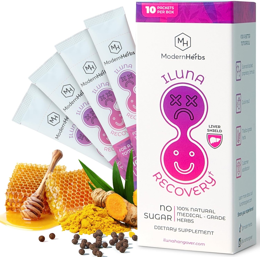 ILUNA Recovery Fast-Acting Herbal Hangover Relief – Premium Milk Thistle with Detox Herbs & Natural Pebbles – Supporto per fegato & Inflammation Balance – Max Strength (10 Pk)