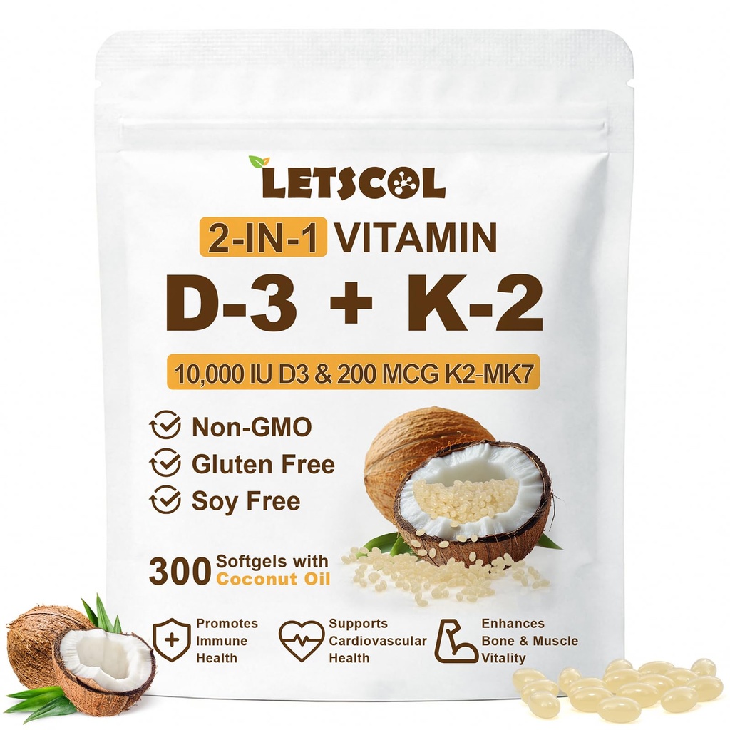 2-in-1 Vitamina D3 K2 Supplemento Softgel, Vitamina D3 10000 UI e Vitamina K2 200 mcg, K2 MK7 con D3 Integratore di Vitamina Supporto Immune, Cuore, Giunto, Teeth & Bone Salute