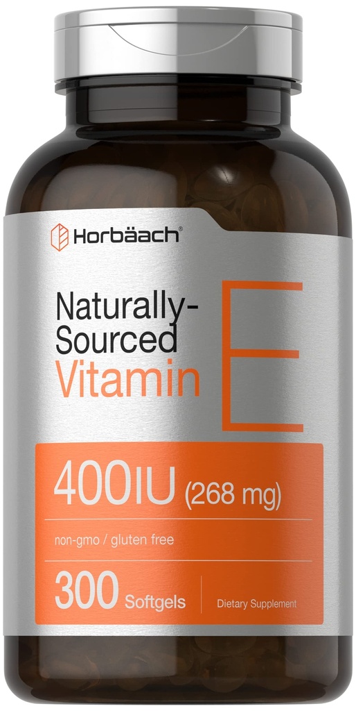 Horbäach Vitamin E Softgel Capsule | 400 iu | 268mg | 300 Count | Non OGM e Gluten Free Naturally-Sourced Formula | D-Alpha Tocopherol
